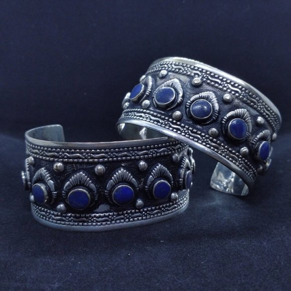 single Afghan Kuchi Cuff Bracelet With Blue Stones, Handmade Cuff, - Picture 2 of 5